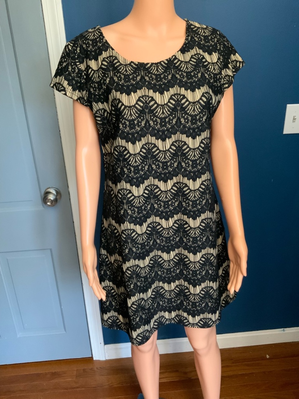 Solitaire Black Lace-Overlay Beige Mini Dress